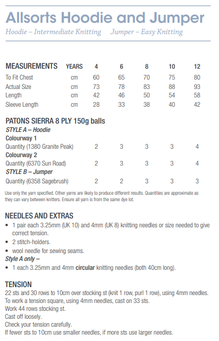 Allsorts Hoodie and Jumper - Patons PDF Pattern