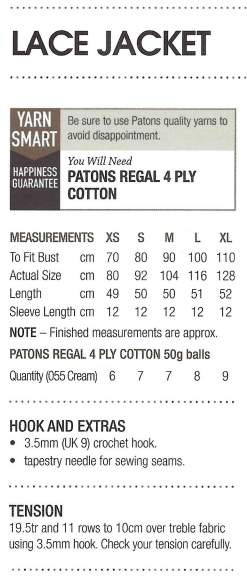 Lace Jacket, Crochet Cardigan - Patons 0021 Regal 4 ply