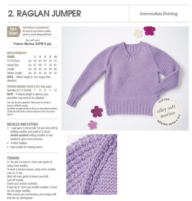 Style 2 Raglan Jumper Vintage Girls Patons Pattern 8023