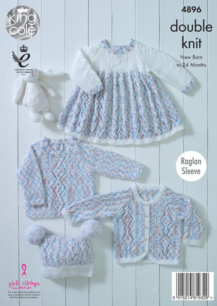 Baby Set Dress, Cardigan, Sweater & Hat Knitted in DK - King Cole 4896