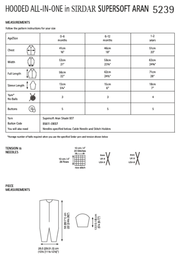 Hooded All in Onesie - Sirdar 5239