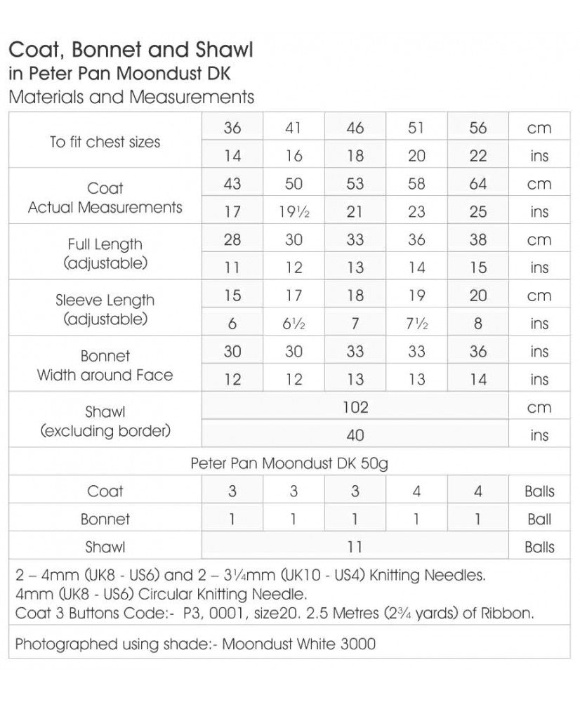 Coat, Bonnet and Shawl Moondust DK Peter Pan P1200