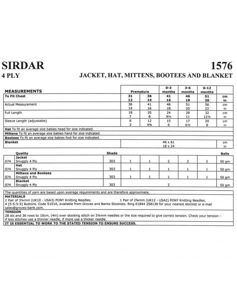 Jacket, Hat, Mittens, Bootees & Blanket Knitting Pattern 4 ply Snuggly - Sirdar 1576