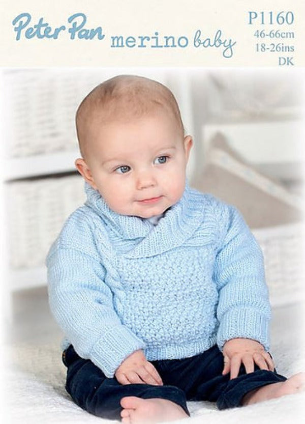 Peter Pan Merino Baby Sweater with Shawl Collar and Hat - P1160