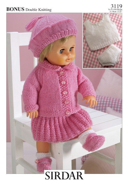 Doll's Cardigan, Skirt and Beret in DK 8 ply - Sirdar 3119