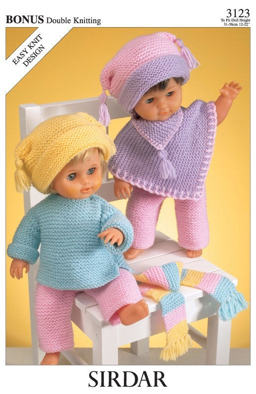 Doll's Trouser, Sweater and Hat with Poncho and Scarf in DK 8 ply - Sirdar 3123