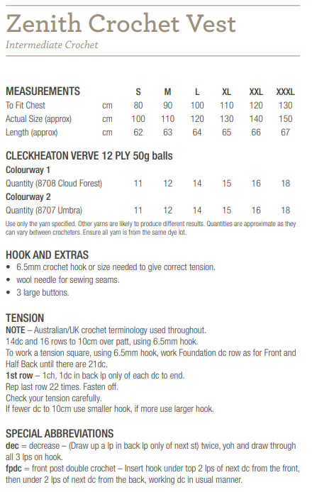 Zenith Crochet Vest - Cleckheaton PDF Pattern