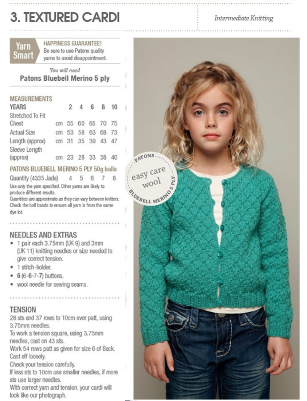 Style 3 Textured Cardi Vintage Girls Patons Pattern 8023